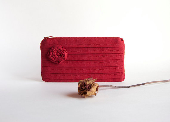 Red Bridal Wedding Clutch Or Bridesmaids Clutch, Pouch, Purse - Romantic Rose Pleats By Lolos