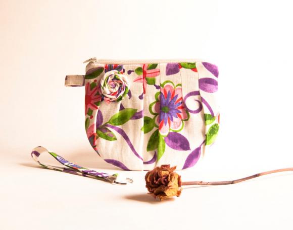 Romantic Rosebud Pleats In White Cream Colorful With Lilac Violet Zippered Pouch, Purse, Clutch, Wristlet By Lolos