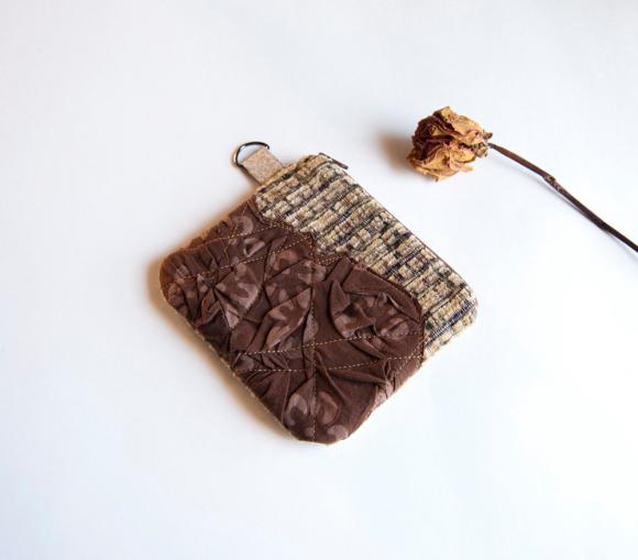 Beige Brown Wrinkled Little Zippered Coin Wallet, Pouch, Purse By Lolos