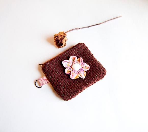 Garnet Burgundy Brown Jacquard With A Pink Flower Zippered Little Coin Wallet, Pouch, Purse By Lolos