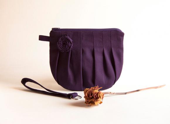 Purple Bridal Clutch Or Bridesmaid Clutch, Pouch, Wristlet, Purse - Romantic Rosebud Pleats By Lolos