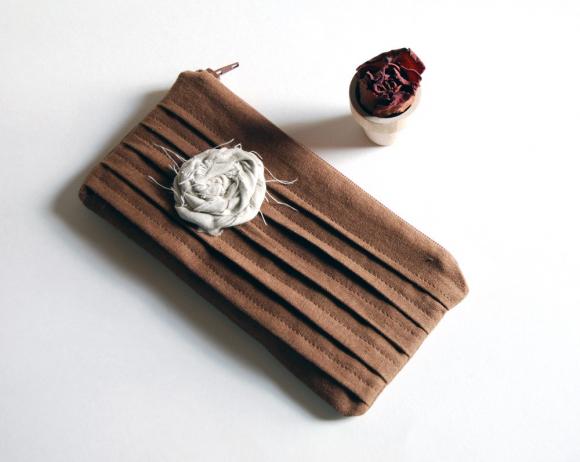 Romantic Rose Pleats In Brown Zippered Pouch, Purse, Clutch By Lolos