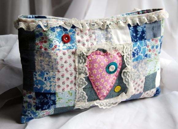 Colorful Squares Patchwork In Blues With A Pink Heart Clutch, Purse, Pouch Bag By Lolos