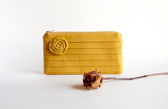 Mustard Bridal Pouch Or Bridesmaids Clutch, Purse - Romantic Rose Pleats By Lolos